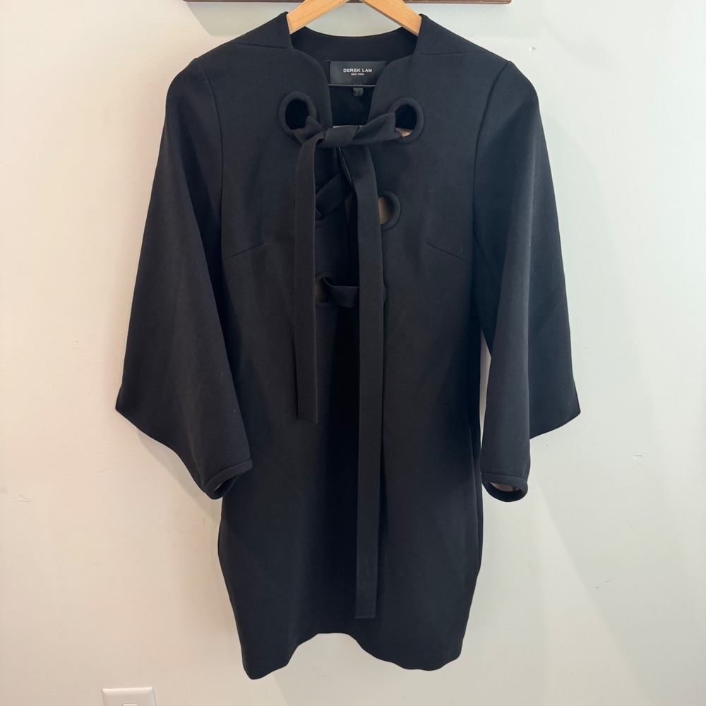 Derek Lam New York Black Lace Up Grommet Bell Sleeve Mini Dress Made in Italy 0